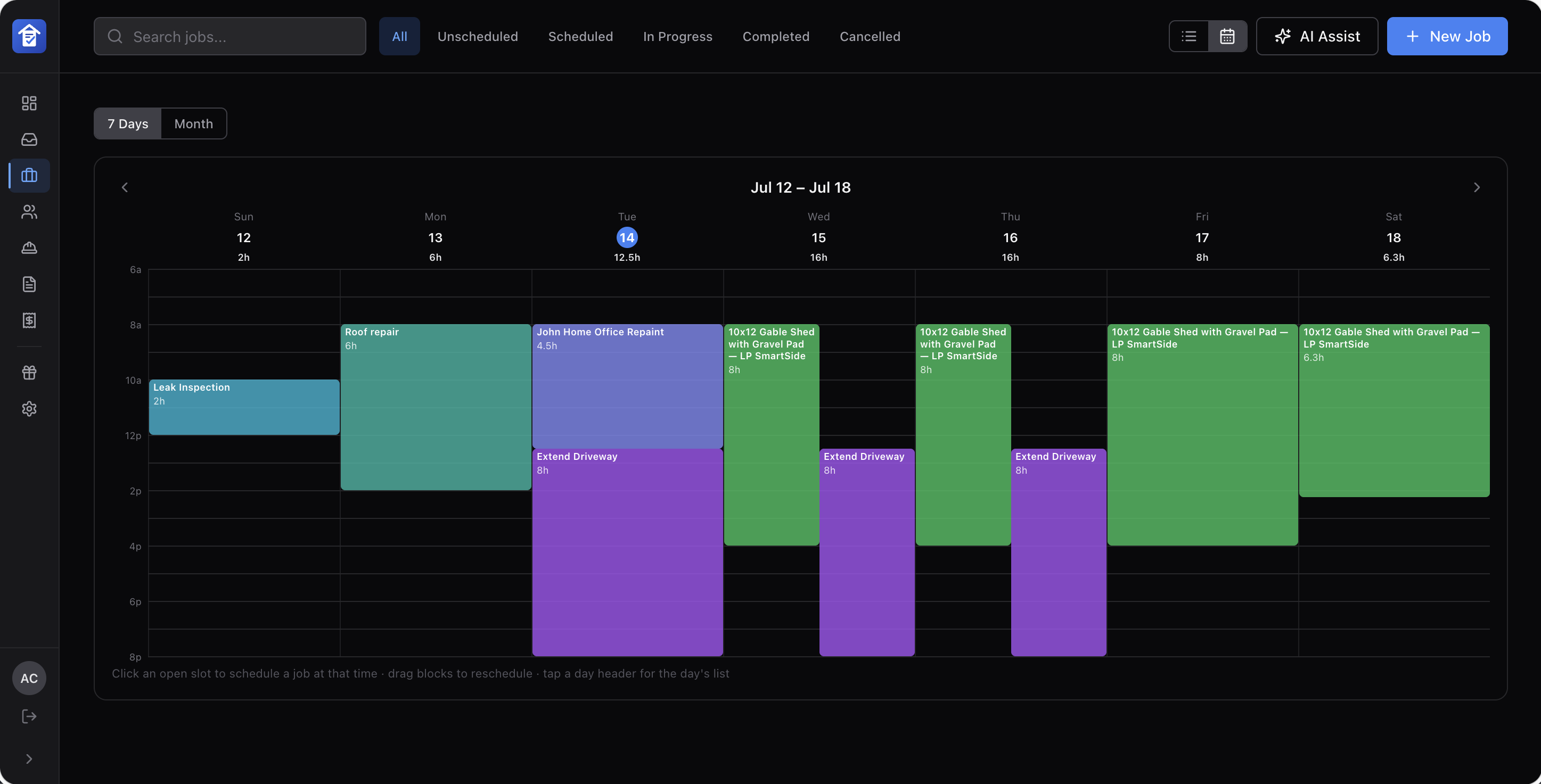 Trusso desktop job calendar showing a full week of scheduled jobs