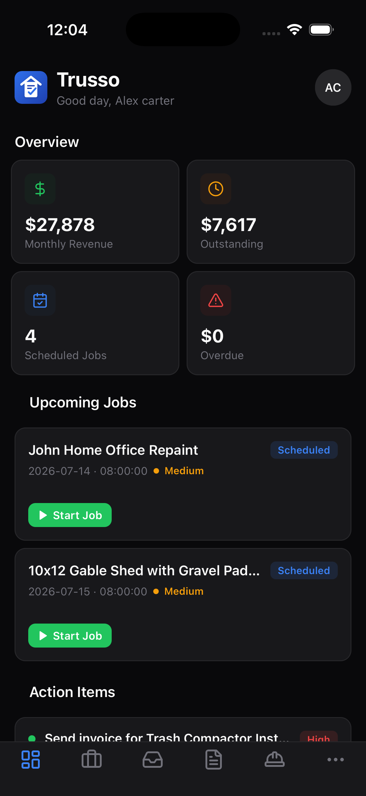 Trusso mobile dashboard showing monthly revenue, scheduled jobs and upcoming jobs