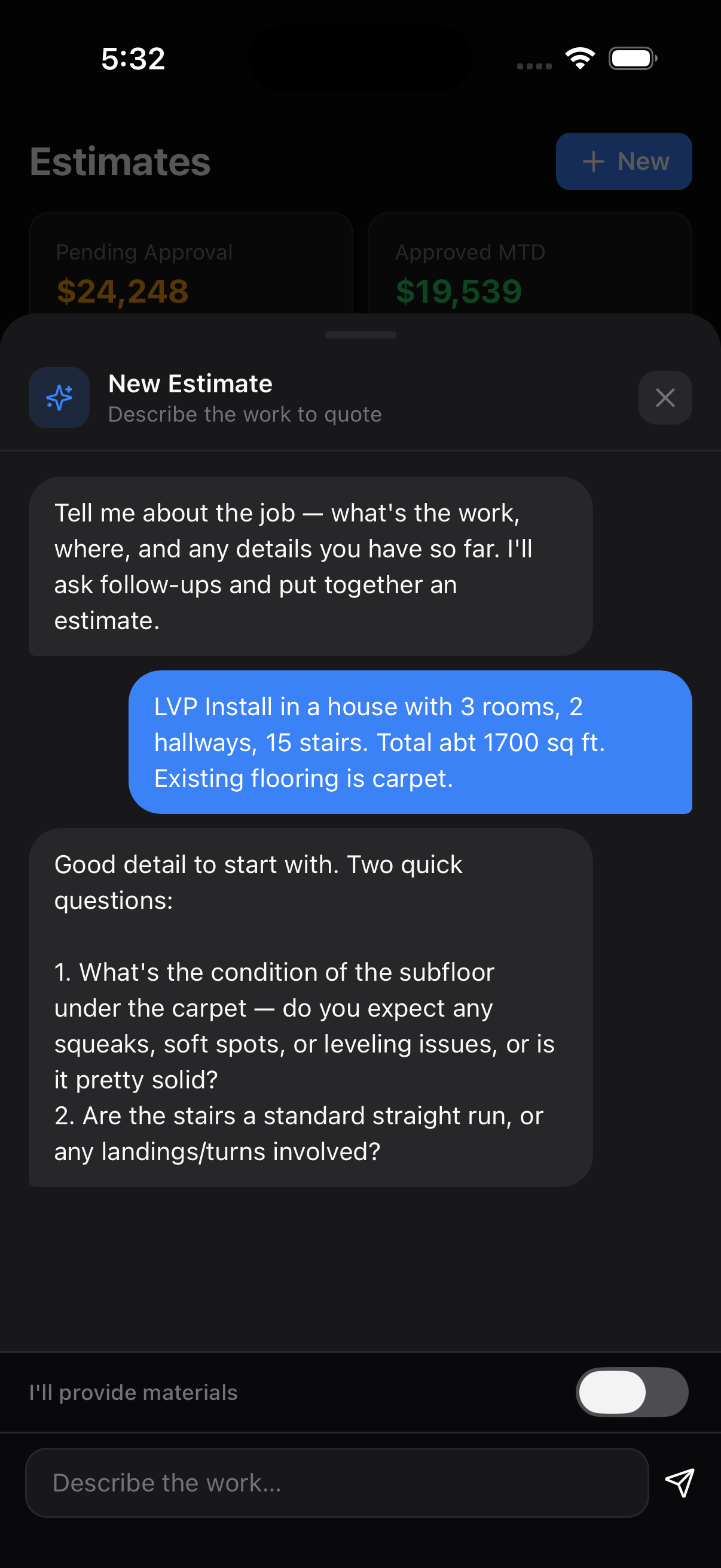 AI estimate chat asking follow-up questions about a flooring install